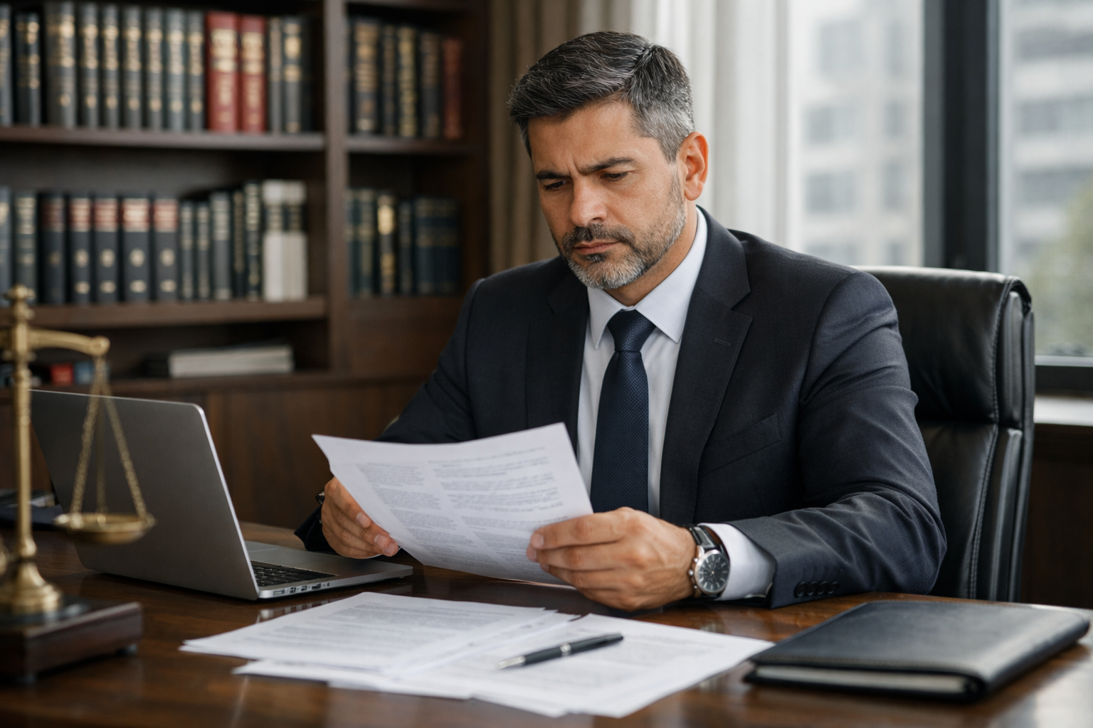 Advogado analisando documentos em escritório jurídico