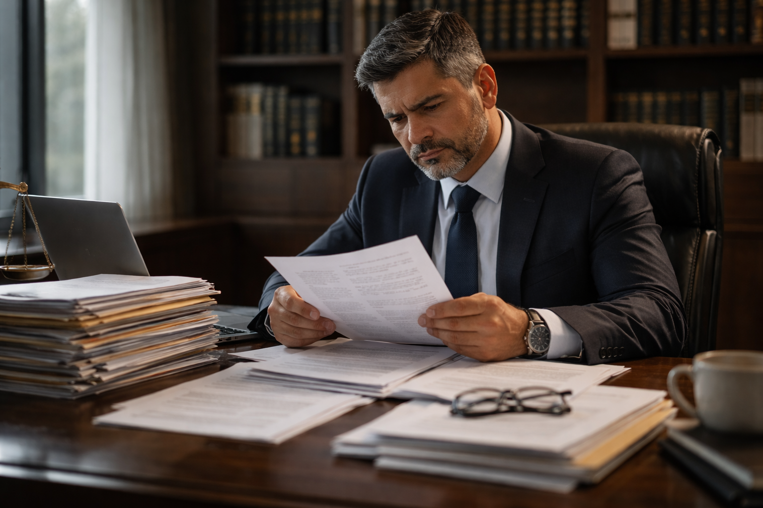 Advogado analisando documentos com preocupação
