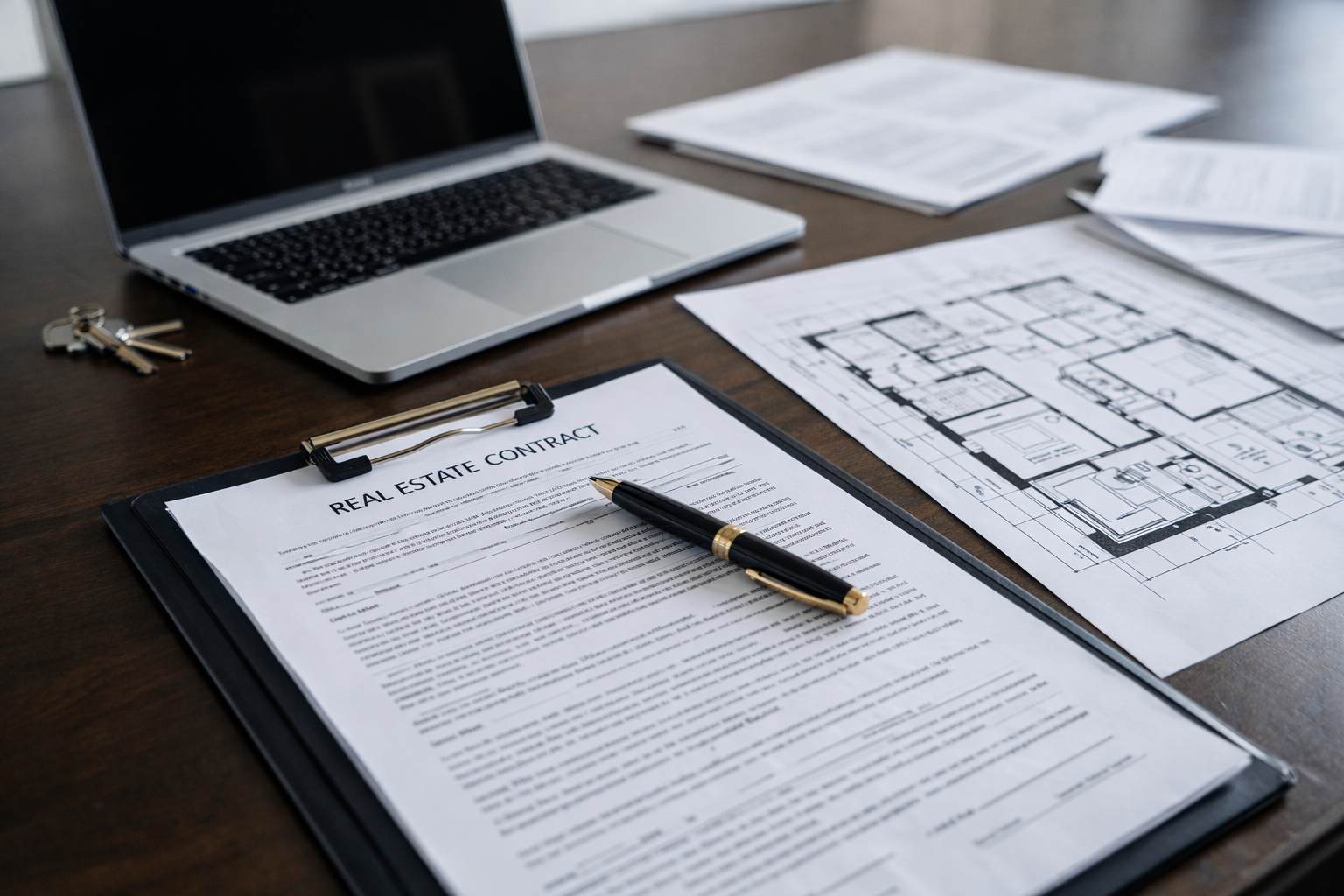 Documentos jurídicos e imóvel representando leilões imobiliários